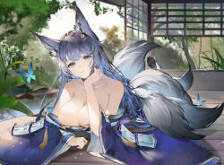 Rule 34 | 1girl, absurdres, animal ear fluff, animal ears, azur lane, bare shoulders, blue butterfly, blue collar, blue eyes, blue kimono, breasts, bug, butterfly, cleavage, collar, detached collar, detached sleeves, flantia, fox ears, fox girl, fox tail, gold trim, grey hair, hand on own cheek, hand on own face, highres, insect, japanese clothes, kimono, kitsune, kyuubi, large breasts, large tail, long hair, long sleeves, looking at viewer, lying, multiple tails, off shoulder, on stomach, shinano (azur lane), solo, tail, white tail, wooden floor