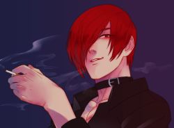 Rule 34 | 1boy, choker, cigarette, eyeshadow, hair over one eye, holding, holding cigarette, juu satoshi, looking at viewer, looking down, makeup, male focus, red eyes, red eyeshadow, red hair, smirk, solo, the king of fighters, yagami iori