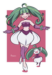 Rule 34 | 1girl, :d, ^ ^, ahoge, amazu (kurozu), bare shoulders, closed eyes, colored shadow, commentary, creatures (company), earrings, elbow gloves, english commentary, facing viewer, game freak, gen 7 pokemon, gloves, green hair, highres, humanization, jewelry, long hair, multicolored hair, nintendo, open mouth, pink background, pokemon, pokemon (creature), purple gloves, red eyes, shadow, shoes, signature, skirt, smile, steenee, streaked hair, teeth, twintails, two-tone background, upper teeth only, very long hair, white background, white footwear, white skirt