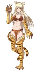 Rule 34 | 1girl, abs, animal ears, animal hands, bare shoulders, blonde hair, blush, breasts, cat ears, cat tail, claws, facial mark, full body, highres, jinko (monster girl encyclopedia), loincloth, long hair, looking at viewer, medium breasts, monster girl, monster girl encyclopedia, monster girl encyclopedia ii, navel, original, slit pupils, solo, stomach, striped tail, tail, tiger girl, tiger paws, tiger stripes, tiger tail, toned, transparent background, twistedscarlett60, very long hair, whisker markings, yellow eyes