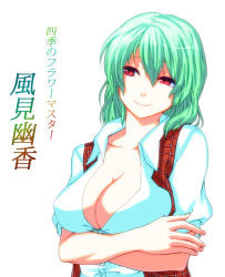 Rule 34 | 1girl, aqua hair, breast hold, breasts, character name, cleavage, crossed arms, female focus, green hair, head tilt, hijiri-taro, kazami yuuka, large breasts, open clothes, open shirt, plaid, plaid vest, red eyes, seductive smile, shirt, short hair, simple background, smile, solo, touhou, upper body, vest, white background