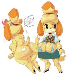 Rule 34 | 1girl, all fours, animal crossing, anus, ass, black eyes, blonde hair, blush stickers, bra, breasts, breasts out, crying, curvy, eyelashes, from behind, furry, furry female, head bump, highres, huge breasts, isabelle (animal crossing), kneeling, nintendo, nude, sakana888888888, shirt, short hair, skirt, smile, solo, uncensored, underwear, vest, white background, wide hips