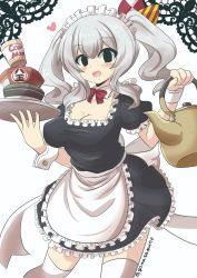 Rule 34 | 1girl, absurdres, alternate costume, apron, blush stickers, bow, breasts, cleavage, commentary request, enmaided, goma (gomasamune), hair between eyes, heart, highres, holding, holding kettle, holding tray, kantai collection, kashima (kancolle), kettle, long hair, looking at viewer, maid, maid apron, maid headdress, medium breasts, nissin cup noodle, open mouth, puffy short sleeves, puffy sleeves, short sleeves, silver hair, smile, solo, thighhighs, tray, twintails, twitter username, white thighhighs
