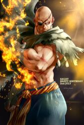 Rule 34 | 1boy, angie (kani-ga-tobuna), bald, blank eyes, burning clothes, character request, cowboy shot, eyepatch, facing viewer, fighting stance, male focus, muscular, muscular male, sagat, scar, solo, standing, street fighter