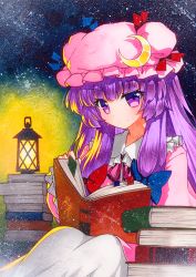 Rule 34 | 1girl, bad id, bad pixiv id, blue bow, book, book stack, bow, closed mouth, collarbone, crescent, crescent hat ornament, hair bow, hat, hat ornament, lantern, long hair, long sleeves, mob cap, neck ribbon, open book, patchouli knowledge, pink hair, pink hat, pink ribbon, purple eyes, qqqrinkappp, reading, red bow, ribbon, smile, solo, touhou, traditional media