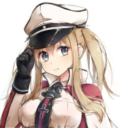 Rule 34 | 10s, 1girl, black gloves, blonde hair, blue eyes, breasts, capelet, gloves, graf zeppelin (kancolle), hand on headwear, hat, kantai collection, large breasts, long hair, looking at viewer, military, military uniform, rurikoma, simple background, solo, twintails, uniform, upper body, white background