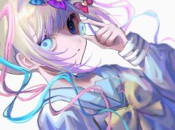 Rule 34 | 1girl, ame-chan (needy girl overdose), blonde hair, blue eyes, blue hair, bow, chouzetsusaikawa tenshi-chan, contact lens, expressionless, hair bow, highres, looking at viewer, momosu momo, needy girl overdose, pink hair, school uniform, serafuku, simple background, solo, twintails, upper body, white background