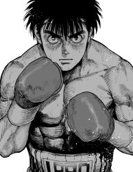 Rule 34 | 1boy, boxing gloves, character name, closed mouth, collarbone, fighting stance, greyscale, hair between eyes, hajime no ippo, hatching (texture), highres, kimidake, looking at viewer, makunouchi ippo, male focus, monochrome, muscular, muscular male, serious, simple background, solo, sweat, topless male, upper body, veins, white background