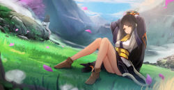 Rule 34 | 10s, adjusting hair, arms behind head, bare legs, black hair, brown eyes, brown footwear, cat tail, dutch angle, field, fog, grass, hair ornament, highres, kikivi, knees together feet apart, knees up, kuon (utawarerumono), layered clothes, layered sleeves, legs, long hair, long sleeves, looking at viewer, meadow, mountain, nature, no socks, on ground, petals, rock, sash, shoes, short over long sleeves, short sleeves, sitting, smile, solo focus, tail, utawarerumono, utawarerumono: itsuwari no kamen, very long hair, wind, yellow eyes