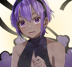 Rule 34 | 1girl, :d, black hairband, collarbone, commentary request, dark-skinned female, dark skin, fate/grand order, fate (series), hair between eyes, hairband, hassan of serenity (fate), highres, light blush, looking at viewer, open mouth, purple eyes, purple hair, short hair, shunka tunacan, smile, solo, upper body