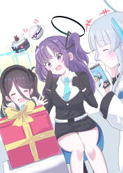 Rule 34 | 3girls, absurdly long hair, absurdres, aris (blue archive), black gloves, black hair, black hairband, black skirt, blue archive, blue halo, blue necktie, blush, box, breasts, cellphone, closed eyes, closed mouth, collared shirt, gift, gift box, giorgio (yo sumire sola1), gloves, grey hair, hairband, halo, highres, himari (blue archive), holding, holding phone, long hair, long sleeves, mechanical halo, medium breasts, multiple girls, necktie, one side up, open mouth, phone, purple eyes, purple hair, shirt, simple background, skirt, smartphone, smile, very long hair, white background, white shirt, yuuka (blue archive)