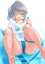 Rule 34 | 1girl, ass, bare legs, bare shoulders, barefoot, blush, breasts, cleavage, collarbone, commentary request, competition swimsuit, covered navel, feet, green eyes, highleg, highleg swimsuit, highres, holding, holding hose, hose, kekemotsu, large breasts, long hair, one-piece swimsuit, one eye closed, open mouth, original, ponytail, shirt, short sleeves, silver hair, simple background, sitting, solo, swimsuit, toes, water, water drop, wet, white background, white shirt