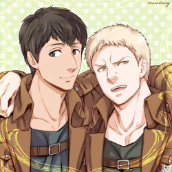 Rule 34 | 2boys, arm around shoulder, bertolt hoover, blonde hair, brown hair, chest harness, collarbone, harness, jacket, leather, leather jacket, looking to the side, male focus, maru mary, multiple boys, reiner braun, shingeki no kyojin, short hair, sideburns, smile, upper body