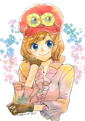 Rule 34 | 1girl, blonde hair, blue eyes, commentary request, dated, frilled shirt, frills, gloves, goggles, goggles on headwear, hanakotoba28, hand on own cheek, hand on own face, hat, highres, koala (one piece), light brown hair, looking to the side, one piece, pink shirt, shirt, short hair, simple background, smile, solo, upper body