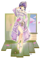Rule 34 | 1girl, :d, absurdres, ahoge, bare legs, blue eyes, blue flower, bouquet, bow, breasts, chuunibyou demo koi ga shitai!, collarbone, commentary request, detached sleeves, dress, eyepatch, flower, footwear bow, frilled dress, frills, full body, heterochromia, highres, holding, holding bouquet, ledanyang, looking at viewer, open mouth, petals, pink dress, pink flower, pink footwear, pink rose, pink sleeves, rose, short hair, signature, small breasts, smile, solo, takanashi rikka, v, v over eye, white background, white flower, wide sleeves, window