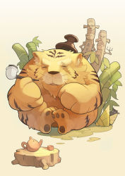 Rule 34 | bamboo, bamboo shoot, beige background, commentary request, cup, demon, deviruchi, eddga, full body, greatest general (ragnarok online), hat, holding, holding smoking pipe, no humans, smoking pipe, ragnarok online, scar, scar across eye, scar on face, simple background, sitting, teacup, teapot, tennohi, top hat, tree stump