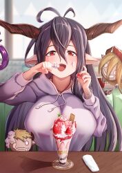 Rule 34 | 1girl, bandages, black hair, breasts, commission, cream, cream on face, danua, doll, draph, food, food on face, granblue fantasy, hair between eyes, highres, hood, hoodie, horn ornament, horns, large breasts, long hair, parfait, pizzicato il, pointy ears, red eyes, skeb commission, strawberry parfait