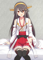 Rule 34 | 1girl, :d, akahi242, bare shoulders, boots, breasts, brown eyes, cleavage, commentary request, detached sleeves, grey hair, hair ornament, hairclip, haruna (kancolle), headgear, highres, kantai collection, large breasts, long hair, looking at viewer, nontraditional miko, open mouth, outstretched arm, red skirt, sitting, skirt, smile, solo, thigh boots, thighhighs