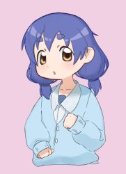 Rule 34 | 1girl, blue cardigan, blue hair, brown eyes, cardigan, clenched hands, drawfag, furutani kaede, hair tie, open mouth, pink background, simple background, solo, thick eyebrows, upper body, yuru yuri