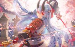 Rule 34 | 1girl, armor, backlighting, blue hair, cherry blossoms, dual wielding, fate/grand order, fate (series), fighting stance, headband, highres, holding, horns, japanese armor, katana, light particles, long hair, looking at viewer, naginata, oni horns, petals, polearm, red eyes, saihate (d3), solo, stone lantern, sword, tomoe gozen (fate), upper body, weapon