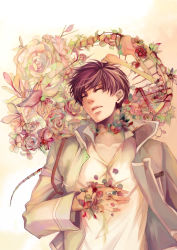 Rule 34 | 1boy, black hair, camellia, daisy, closed eyes, flower, forget-me-not (flower), fullmetal alchemist, hand on own chest, highres, lily (flower), male focus, military, military uniform, open clothes, open shirt, petals, plant, rose, roy mustang, shirt, short hair, simple background, skeleton, solo, solo focus, tulip, uniform, white shirt