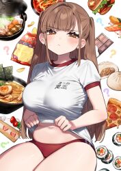 Rule 34 | 1girl, ?, absurdres, blush, breasts, brown eyes, brown hair, burger, buruma, cake, candy, chips (food), chocolate, chocolate bar, closed mouth, clothes lift, commentary request, food, fruit, gym shirt, gym uniform, highres, kodama (sakura yuki), large breasts, lifting own clothes, long hair, looking at viewer, navel, noodles, original, pizza, pizza slice, plump, ramen, red buruma, sakura yuki (clochette), shirt, shirt lift, short sleeves, sitting, solo, strawberry, thighs, white background, white shirt