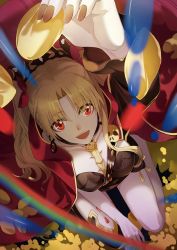 Rule 34 | 1girl, :d, asymmetrical legwear, asymmetrical sleeves, black leotard, black nails, blonde hair, breasts, cape, chips (food), collarbone, earrings, ereshkigal (fate), fate/grand order, fate (series), food, gold trim, highres, holding, holding food, hoop earrings, infinity symbol, jewelry, leotard, long hair, looking at viewer, looking up, nail polish, open mouth, parted bangs, potato chips, red cape, red eyes, red ribbon, ribbon, single sleeve, single thighhigh, skull, smile, solo, spine, thighhighs, tiara, two side up, uneven legwear, uneven sleeves, xinweikun