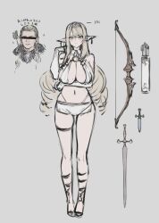 Rule 34 | 1boy, 1girl, arrow (projectile), bar censor, blonde hair, blue-eyed elven girl (hayabusa), blue eyes, blush, bow (weapon), breasts, censored, character sheet, cleavage, closed mouth, dagger, ear ornament, elbow gloves, gloves, grey background, hand up, hayabusa, highleg, highleg panties, highres, identity censor, knife, large breasts, legolas, long hair, looking at viewer, micro shorts, navel, original, panties, pelvic curtain, quiver, revealing clothes, shorts, simple background, sketch, sparkle, sword, the lord of the rings, tolkien&#039;s legendarium, tolkien's legendarium, underwear, very long hair, weapon, white gloves, white shorts