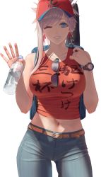 Rule 34 | 1girl, asymmetrical hair, backpack, bag, bare shoulders, baseball cap, belt, blue eyes, bottle, breasts, clothes writing, collarbone, denim, earrings, fate/grand order, fate (series), grin, hat, heroic spirit traveling outfit, highres, jeans, jewelry, large breasts, long hair, looking at viewer, midriff, miyamoto musashi (fate), miyamoto musashi (traveling outfit) (fate), navel, one eye closed, pants, pink hair, ponytail, red hat, red tank top, sidelighting, simple background, smile, solo, sunglasses, swept bangs, takehisa tomoe, tank top, watch, water bottle, waving, white background, wristwatch