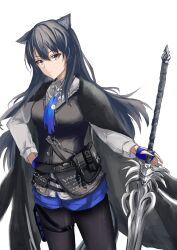 Rule 34 | 1girl, absurdres, animal ears, arknights, black hair, black jacket, black pantyhose, black vest, blue gloves, blue shorts, breasts, closed mouth, commentary, ear piercing, fingerless gloves, gloves, hair between eyes, highres, holding, holding sword, holding weapon, jacket, jacket on shoulders, long hair, long sleeves, looking at viewer, medium breasts, pantyhose, pantyhose under shorts, piercing, red eyes, shirt, short shorts, shorts, shuuka, simple background, solo, sword, texas (arknights), texas the omertosa (arknights), very long hair, vest, weapon, white background, white shirt