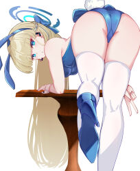 Rule 34 | 1girl, animal ears, ankomochi142, ass, bent over, blonde hair, blue archive, blue bow, blue eyes, blue hairband, blue leotard, bow, breasts, earpiece, fake animal ears, fake tail, from behind, hairband, halo, high heels, highres, leotard, long hair, looking back, medium breasts, microphone, official alternate costume, official alternate hairstyle, parted lips, playboy bunny, rabbit ears, rabbit tail, shoe soles, simple background, solo, table, tail, thighhighs, thighs, toki (blue archive), toki (bunny) (blue archive), v, very long hair, white background, white thighhighs