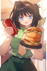 Rule 34 | 1girl, :q, blue eyes, brown hair, burger, facing viewer, food, hair intakes, hair ribbon, hajime daijo, holding, holding tray, ketchup bottle, light particles, looking at viewer, mazaki anzu, necktie, open mouth, ribbon, short hair, skirt, smile, solo, standing, sunlight, tongue, tongue out, tray, uniform, upper body, waitress, yellow necktie, yellow ribbon, yu-gi-oh!, yu-gi-oh! (toei)