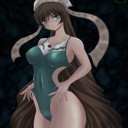 Rule 34 | 00s, 1girl, adjusting clothes, adjusting swimsuit, bad anatomy, black background, blush, breasts, brown hair, casual one-piece swimsuit, curvy, covered erect nipples, female focus, frontal wedgie, heterochromia, hip focus, large breasts, long hair, lowres, navel, aged up, one-piece swimsuit, rozen maiden, solo, standing, suiseiseki, swimsuit, very long hair, wancozow, wedgie, wide hips