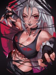 Rule 34 | 1girl, absurdres, black collar, black gloves, black nails, black panties, black shirt, black shorts, breasts, cleavage, collar, cropped shirt, elbow gloves, fangs, fingerless gloves, gloves, grey hair, highleg, highleg panties, highres, large breasts, long hair, looking at viewer, nail polish, official art, open fly, open mouth, panties, red eyes, shirt, short shorts, shorts, smile, solo, spiked hair, suliavtuber, torn clothes, torn shirt, underwear, virtual youtuber, vshojo, wolf girl, zentreya, zentreya (werewolf)