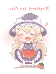 Rule 34 | 1girl, apple, apron, black hat, black skirt, black vest, blonde hair, blush, blush stickers, bow, braid, buttons, ciyomikaduki, closed eyes, clothes lift, dress, english text, fang, food, frilled skirt, frills, fruit, fruit on skirt, hair between eyes, hair bow, hat, hat bow, holding, holding food, holding fruit, kirby (series), kirisame marisa, long hair, looking at viewer, maxim tomato, musical note, nintendo, open mouth, puffy short sleeves, puffy sleeves, ribbon, short sleeves, simple background, single braid, skin fang, skirt, skirt lift, skirt set, smile, solo, touhou, vest, waist apron, wavy hair, white apron, white background, white bow, witch hat