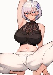 Rule 34 | 1girl, arm up, armpits, blue eyes, blush, braid, braided bangs, breasts, feather hair ornament, feathers, glasses, grey hair, hair ornament, highres, hololive, hololive indonesia, large breasts, looking at viewer, navel, pants, pavolia reine, pavolia reine (street), see-through, short hair, sleeveless, solo, spread legs, squatting, tan, tanline, variant set, varniskarnis, virtual youtuber