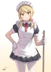 Rule 34 | 1girl, alternate costume, apron, black dress, blonde hair, blush, bow, brown background, brown eyes, collared dress, commentary request, dress, enmaided, gloves, gradient background, hair bow, hair over shoulder, hand on own hip, highres, holding, ichii yui, long hair, low twintails, maid, maid apron, maid headdress, neck ribbon, pantyhose, parted lips, pink bow, pleated dress, puffy short sleeves, puffy sleeves, red ribbon, ribbon, short sleeves, signature, solo, sweat, twintails, umiroku, v-shaped eyebrows, white background, white gloves, white pantyhose, yuyushiki