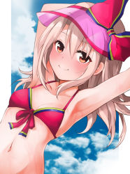 Rule 34 | 1girl, armpits, arms up, bare shoulders, bikini, blue sky, blush, bow, breasts, collarbone, fate/grand order, fate (series), illyasviel von einzbern, illyasviel von einzbern (swimsuit archer), illyasviel von einzbern (swimsuit archer) (second ascension), long hair, looking at viewer, mochi (k620803n), navel, pink bikini, red bow, red eyes, sky, small breasts, smile, solo, swimsuit, thighs, visor cap, wet, white hair