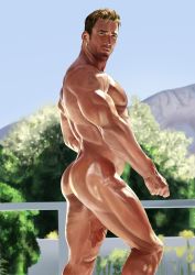 Rule 34 | 1boy, absurdres, ass, bara, billy herrington, blue sky, brown eyes, brown hair, closed mouth, commentary request, completely nude, contrapposto, day, earrings, feet out of frame, from side, highres, jewelry, looking at viewer, looking to the side, making-of available, male focus, mature male, muscular, muscular male, nude, outdoors, pectorals, photo-referenced, railing, real life, realistic, short hair, shoulder tattoo, sky, solo, standing, taka (takahirokun), tattoo, thighs, tree, veins, veiny arms, veiny hands, veiny thighs
