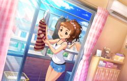 Rule 34 | 10s, 1girl, artist request, brown eyes, brown hair, building, curly hair, earrings, eyebrows, hair ornament, hair scrunchie, idolmaster, idolmaster cinderella girls, idolmaster cinderella girls starlight stage, jewelry, official art, ohnishi yuriko, scrunchie, shirt, solo, striped clothes, striped shirt, stuffed animal, stuffed toy, teddy bear, tree