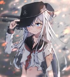 Rule 34 | 1girl, absurdres, anchor symbol, black hat, blue eyes, blush, closed mouth, collarbone, crying, crying with eyes open, dfd, flat cap, hair between eyes, hat, hibiki (kancolle), highres, kantai collection, long hair, machinery, navel, neckerchief, red neckerchief, rigging, school uniform, serafuku, solo, tears, torn clothes, torn neckerchief, torn sleeves, turret, upper body, white hair