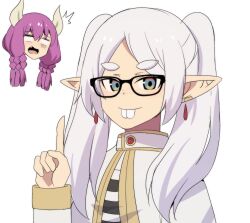 Rule 34 | 2girls, ^^^, aura (sousou no frieren), bespectacled, black-framed eyewear, buck teeth, capelet, commentary, dangle earrings, earrings, elf, english commentary, frieren, glasses, gold trim, green eyes, highres, hinghoi, jewelry, long hair, looking at viewer, multiple girls, nerd emoji, parted bangs, pointing, pointing up, pointy ears, simple background, smile, sousou no frieren, surprised, teeth, twintails, white background, white capelet, white hair