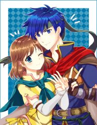 Rule 34 | 1boy, 1girl, bad id, bad pixiv id, belt, blue eyes, blue hair, brother and sister, brown gloves, brown hair, cape, closed mouth, double v, fingerless gloves, fire emblem, fire emblem: path of radiance, gloves, green headband, headband, highres, ike (fire emblem), mist (fire emblem), nintendo, one eye closed, short hair, short sleeves, siblings, smile, spiked hair, v, yuuhi (ms1110)
