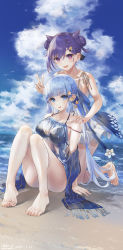 Rule 34 | 2girls, absurdres, alternate costume, artist name, ayaka (genshin impact), bare arms, bare legs, bare shoulders, barefoot, beach, bikini, bikini under clothes, black bikini, blue eyes, blue scrunchie, blue sky, blunt bangs, blunt tresses, braid, breasts, cloud, cloudy sky, cone hair bun, contemporary, dated, day, double bun, dress, feet, floral print, flower, frilled dress, frills, full body, genshin impact, hair bun, hair flower, hair ornament, hair up, halterneck, hand on another&#039;s shoulder, highres, keqing (genshin impact), large breasts, leaning forward, leg up, long hair, multiple girls, ocean, open mouth, outdoors, ponytail, purple eyes, purple hair, scrunchie, see-through, see-through shirt, shell hair ornament, sitting, skindentation, sky, sleeveless, smile, standing, standing on one leg, star (symbol), star hair ornament, string bikini, swept bangs, swimsuit, swkl:d, teeth, toes, upper teeth only, white flower, white hair