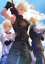 26caaan 3boys age_comparison armor bandaged_arm bandages belt black_gloves black_pants black_shirt blonde_hair blue_eyes blue_pants blue_shirt brown_belt buster_sword character_name closed_mouth cloud cloud_strife cloudy_sky cowboy_shot dated final_fantasy final_fantasy_vii final_fantasy_vii_rebirth final_fantasy_vii_remake gloves green_scarf hair_between_eyes happy_birthday helmet highres holding holding_helmet light_smile long_sleeves low_ponytail male_focus multiple_belts multiple_boys multiple_views pants parted_lips scarf shirt shirt_under_shirt short_hair shoulder_armor single_bare_shoulder single_shoulder_pad sky sleeveless sleeveless_turtleneck sleeves_rolled_up spiked_hair suspenders turtleneck upper_body weapon weapon_on_back white_shirt