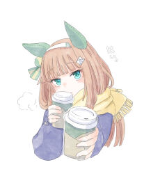 Rule 34 | 1girl, animal ears, blue eyes, blue jacket, blunt bangs, brown hair, closed mouth, coffee, coffee cup, cup, disposable cup, ear covers, enpera, hair ornament, hairband, holding, holding cup, horse ears, horse girl, incoming drink, jacket, long hair, looking at viewer, orange hair, painting (medium), rosa games ss, scarf, silence suzuka (umamusume), simple background, smile, solo, traditional media, umamusume, upper body, watercolor (medium), white background, yellow scarf