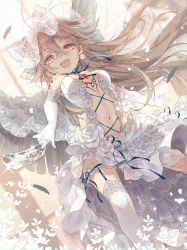 Rule 34 | 1girl, :d, ahoge, alternate costume, bird wings, black feathers, black wings, bow, breasts, bridal veil, brown hair, cleavage, cross-laced clothes, dress, dutch angle, elbow gloves, feathers, feet out of frame, flower, garter straps, gloves, hair between eyes, hair bow, highres, long hair, looking at viewer, navel, open mouth, radiation symbol, red eyes, reiuji utsuho, rose, smile, thighhighs, third eye, touhou, toutenkou, veil, wedding dress, white flower, white gloves, white rose, white thighhighs, wings