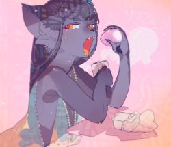 Rule 34 | 1girl, cat, colored skin, cup, eating, fang, female focus, flat chest, food, from side, furry, furry female, holding, holding food, idkuroi, jewelry, long hair, mug, necklace, noire kooshe, open mouth, orange eyes, original, pearl necklace, purple hair, solo, sushi, table, tongue, tongue out