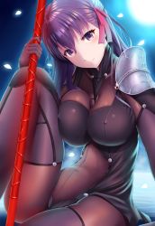 Rule 34 | 1girl, armor, bodysuit, breasts, cosplay, covered erect nipples, fate/grand order, fate/stay night, fate (series), gae bolg (fate), holding, holding weapon, large breasts, long hair, looking at viewer, matou sakura, pauldrons, polearm, purple bodysuit, purple eyes, purple hair, scathach (fate), scathach (fate) (cosplay), scathach (fate), shoulder armor, solo, spear, weapon, zukky