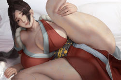 Rule 34 | 1girl, breasts, brown eyes, brown hair, cleavage, fatal fury, female focus, high ponytail, huge breasts, japanese clothes, leg lift, legs, long hair, lying, matching hair/eyes, ninja, on back, patreon username, pelvic curtain, ponytail, revealing clothes, shiranui mai, signature, snk, solo, teemu taiga, the king of fighters, watermark, web address